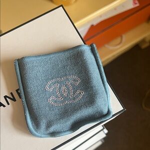 CHANEL Teal Jewelry Pouch with Logo with box